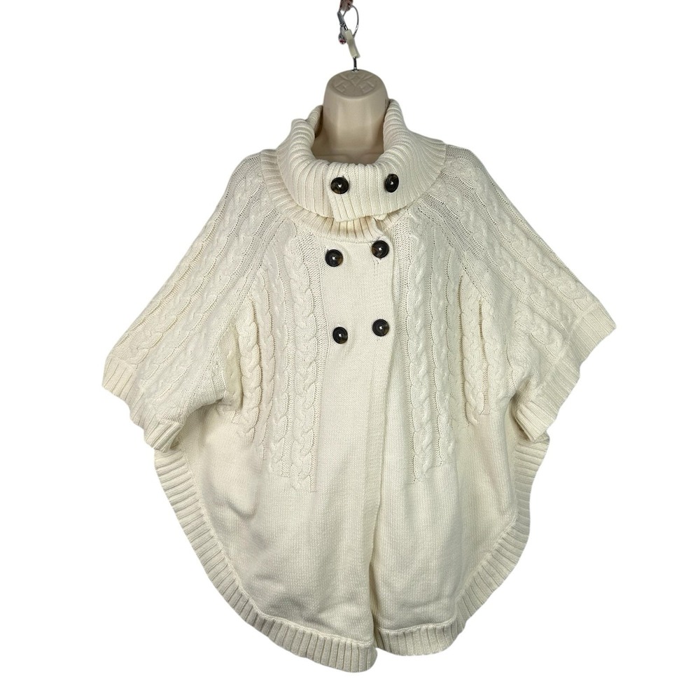 Cream Cable Knit Poncho Cape Sweater Funnel Neck‎ Button Cozy Winter Sz 24-26W